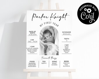 May include: Black and white printable poster with the text "Parker Knight My First Year" and details about the child's first year, including date of birth, nickname, weight, height, teeth, and favorite things. The poster also includes a photo of the child.