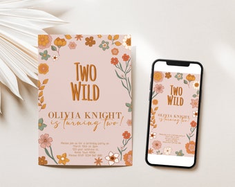 Editable Wildflower Two Wild Birthday Invitation, Baby Girl Invite, Text Invitation, Electronic Digital Invitation, 2nd Birthday Party