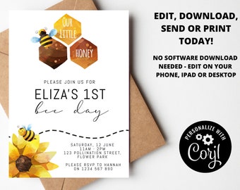 Invitación a la fiesta de cumpleaños del día de la abeja / bricolaje imprimible / invitación personalizada / descarga instantánea editable / 1er cumpleaños de la abeja de la miel