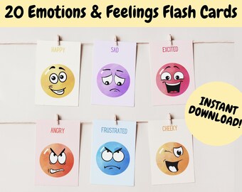 Può includere: Un set di 20 flash card stampabili con illustrazioni ad acquerello di diverse emozioni. Ogni carta ha un viso di cartone animato con un'espressione diversa, come felice, triste, eccitato, arrabbiato, frustrato e sfacciato. Le carte sono progettate per aiutare i bambini a imparare e identificare le diverse emozioni.