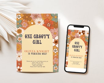 Editable One Groovy Girl Birthday Invitation, Baby Girl Invite, Text Invitation, Electronic Digital Invitation, 1st Birthday, Retro Flowers