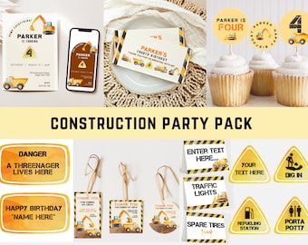 Peut inclure: Ensemble de fête sur le thème de la construction avec des décorations jaunes et noires. Comprend des invitations, des décorations de cupcakes, des étiquettes de remerciement et des panneaux avec des graphismes et du texte sur le thème de la construction. Le texte comprend "Parker a quatre ans", "Danger Un enfant de trois ans habite ici", "Joyeux anniversaire *Nom ici*" et "Entrez du texte ici..."