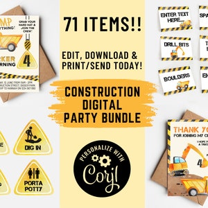 Pacote de festa de construção - convite, barracas de comida, sinais, cartão de agradecimento | Download instantâneo editável | Decorações personalizadas para impressão