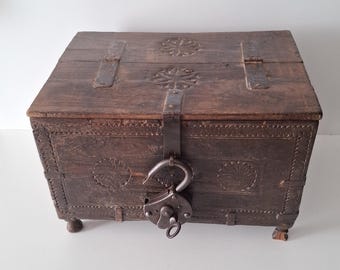 Antique small wooden chest with iron fittings and padlock, 19th century