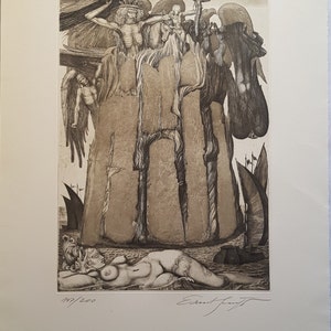 May include: A black and white print of a surreal scene with multiple figures, including a nude woman lying on the ground, a winged figure, and a figure with a crown. The print is signed "Edvard Munch" and numbered "147/200".