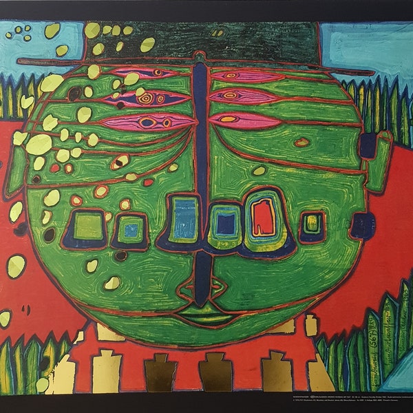 Litografía offset de Friedensreich Hundertwasser 1974 Buda verde de tres ojos con sombrero