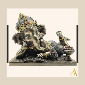 Baby Ganesha with Modak (sweets) and reading Book | Ganpati - God of luck | Siddhi Vinayak Idol | Bonded Bronze | 6.5 inch wide