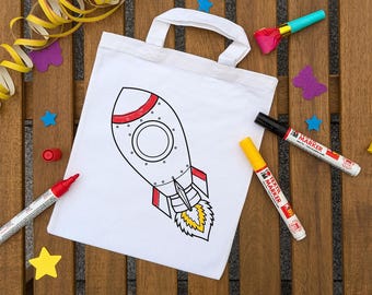 Weltall Kindergeburtstag Ausmaltaschen Weltraumrakete Weltraum zum ausmalen aus Baumwolle, Kindergeburtstag Mitgebsel, Party Gastgeschenk