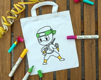 Ninja Geburtstag Ausmaltasche – Stofftasche zum Ausmalen mit Ninja-Motiv, Mitgebsel Kindergeburtstag, Gastgeschenk