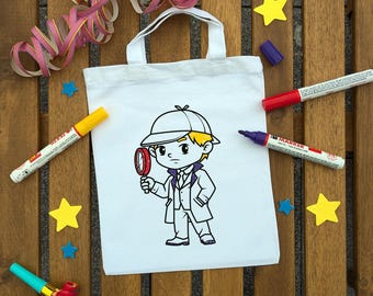 Detektiv Geburtstag Ausmaltasche – Stofftasche zum Ausmalen mit Detektiv-Motiv, Mitgebsel Kindergeburtstag, Gastgeschenk