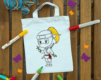 Taschen mit Ninja Mädchen zum ausmalen für Kindergeburtstag Party oder Mitgebsel als Gastgeschenk, Abschiedsgeschenk Kita / Kindergarten