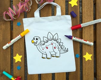 Dinosaurier Geburtstag Ausmaltasche – Stofftasche zum Ausmalen mit Stegosaurus-Motiv, Mitgebsel Kindergeburtstag, Gastgeschenk, Dino Party
