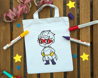 Stofftasche mit Superheld zum ausmalen. Perfekt für Kindergeburtstage oder Mitgebsel als Gastgeschenk