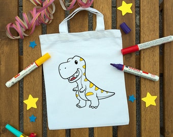 Dino T-Rex Dinosaurier Ausmaltasche für Kinder zum ausmalen aus Baumwolle, Kindergeburtstag Mitgebsel als Gastgeschenk oder Giveaway