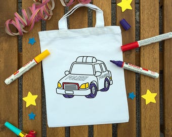 Polizei Geburtstag Ausmaltasche – Stofftasche zum Ausmalen mit Polizeiauto-Motiv, Mitgebsel Kindergeburtstag, Gastgeschenk