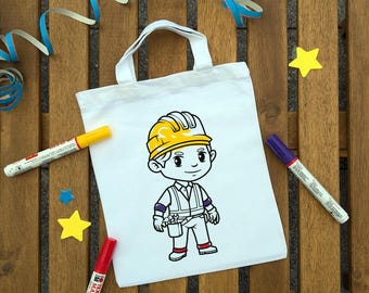 Baustellen Kindergeburtstag Kindertasche mit Bauarbeiter Junge zum Ausmalen. Perfekt für Kindergeburtstage oder Mitgebsel als Gastgeschenk