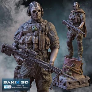 Puede incluir: Un modelo impreso en 3D de un soldado con una máscara de calavera y sosteniendo un rifle. El soldado está de pie sobre una base con una cuerda envuelta alrededor. El modelo está pintado con un patrón de camuflaje.