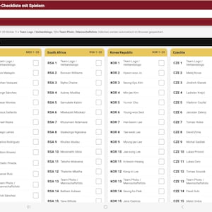 May include: A digital checklist for the Panini FIFA World Cup 2026, featuring player names and checkboxes. The list is organized by country, including Mexico, South Africa, Korea Republic, and Czechia. The top bar includes search and save options.