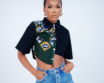 Kemtola Cropped Black Denim Top (African Print)