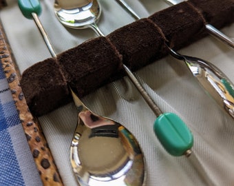 Set of 6 turquoise blue, vintage "Coffee Bean" silver-plated (EPNS) spoons in case