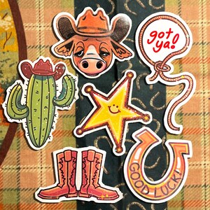 Folha de adesivos de cowboy com 6 unidades - Adesivos de faroeste, ilustração de vaca, ferradura da sorte, etiquetas de vinil fofas, arte de cowboy