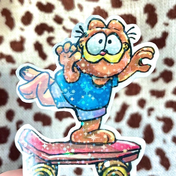 Garfield Sticker, Waterproof Vinyl Skateboard Label, Original Illustration on Glitter or Matte Laminate Gloss Label Sheet- PVC antique toy