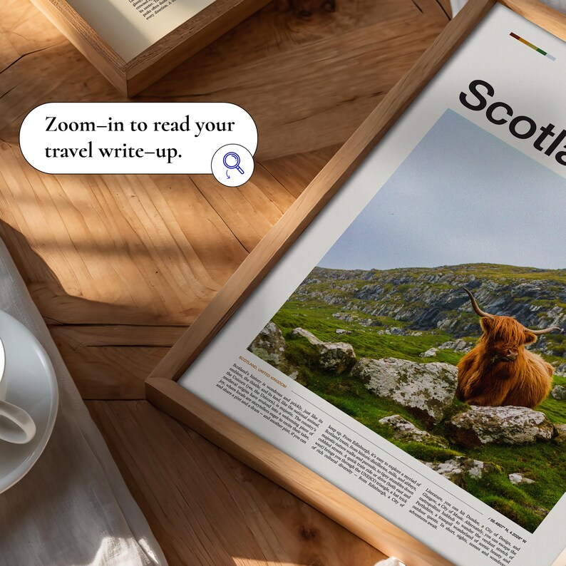 May include: A framed print of Scotland featuring a Highland cow on a grassy hillside. The print has a wooden frame and the word "Scotland" is visible. The text "Zoom-in to read your travel write-up" is also visible.