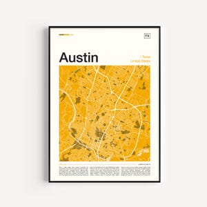 Impresión de mapa de Austin, arte mural detallado de la ciudad de Texas para el hogar o la oficina, póster de mapa callejero moderno, regalo para viajeros y lugareños.