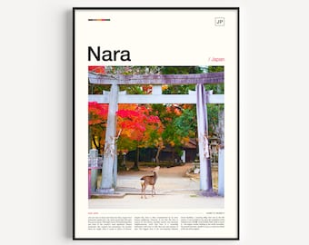 Poster de voyage Nara au Japon, cerf et temple, impression d'art