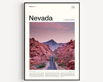 May include: A framed poster featuring a scenic view of Nevada, USA. The image showcases a road winding through red rock formations under a pink and purple sky. The word "Nevada" is printed in bold black letters at the top.