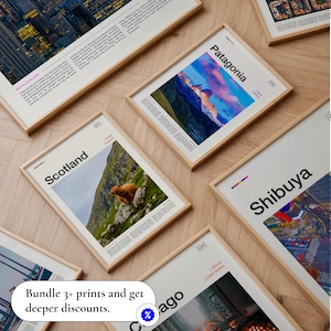May include: A collection of framed prints with various travel destinations, including Scotland, Patagonia, and Shibuya. Each print features a photograph and text, with a light wood frame. The image also includes a promotional message.