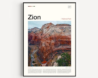 May include: A framed poster with a photograph of Zion National Park. The poster design is minimalist, with the word "Zion" in large font, and the text "/ National Park". The photograph shows the canyon's red rock formations and a river.