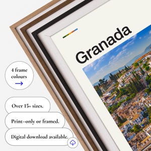 May include: Framed print of Granada, Spain, with the city's architecture under a blue sky. The print is available in over 15 sizes and can be purchased as a print-only or framed option. The image is available as a digital download. The frame is available in 4 colors.