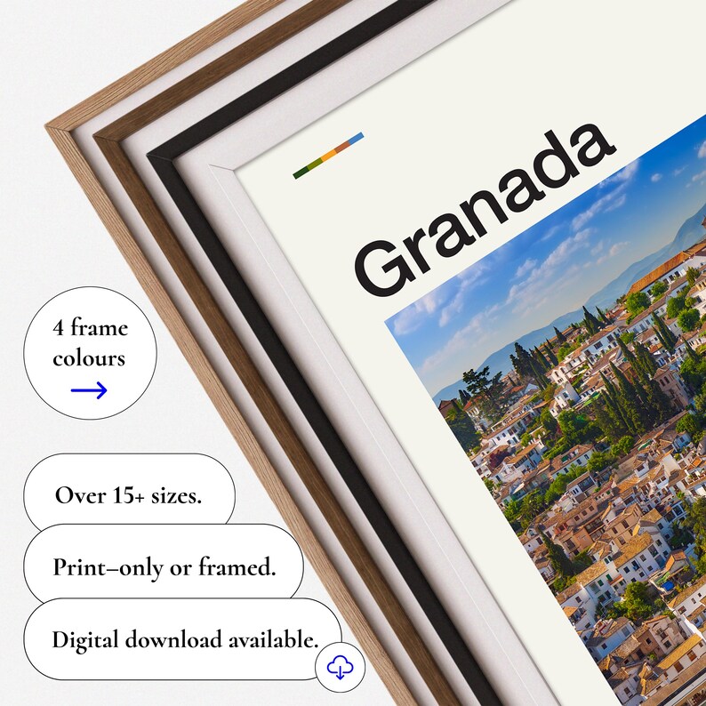 May include: Framed print of Granada, Spain, with the city's architecture under a blue sky. The print is available in over 15 sizes and can be purchased as a print-only or framed option. The image is available as a digital download. The frame is available in 4 colors.