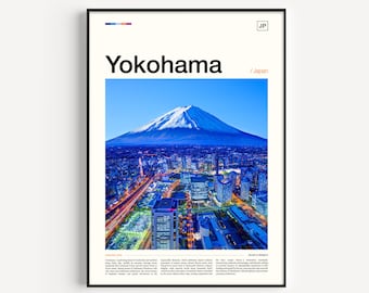 Impression d'art sur la ligne d'horizon de Yokohama au Japon : affiche de voyage japonaise