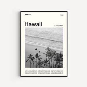 Impresión de Hawái en blanco y negro, póster de Hawái, arte mural de Hawái, póster de viaje de Hawái, decoración de Hawái, arte de Hawái, decoración de pared hawaiana, impresión de playa