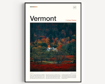 Póster de paisaje de Vermont: Lámina artística de viaje de otoño