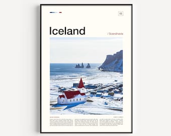 May include: Framed poster featuring a scenic view of Iceland. The image showcases a white church with a red roof, set against a snowy landscape and the ocean. The word "Iceland" is printed at the top.