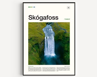 May include: A framed print featuring Skógafoss waterfall in Iceland. The image showcases the waterfall cascading down a cliff, surrounded by lush green vegetation. The print includes the text "Skógafoss" and "/ Iceland".
