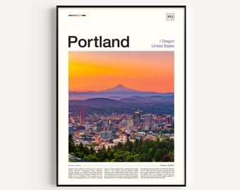 May include: A framed art print of Portland, Oregon. The image shows a sunset over the city skyline, with a mountain in the distance. The word "Portland" is at the top, with "Oregon, United States" below it.