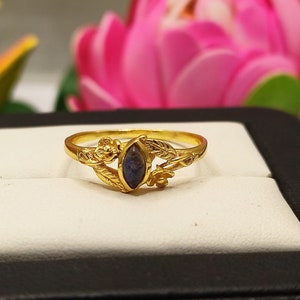 Dainty Labradorite Flower Ring: 925 Sterling Silver Gold Leaf