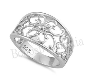 Vintage Style Filigree Silver Wedding Band: Floral Leaves Ring