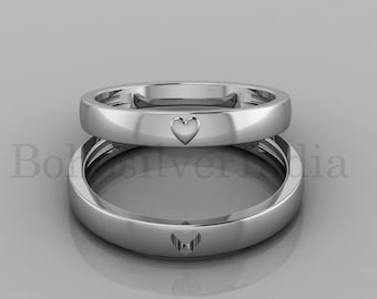 Heart Matching Rings, Couples Rings Set, Sterling Silver Anniversary Ring Set, Promise Rings, Custom Heart Band,