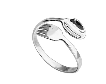 Anillo vintage de plata de ley con tenedor y cuchara: joyería ajustable para cubiertos