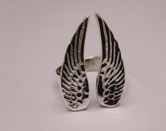 Adjustable Sterling Silver Angel Wings Ring: Gothic Feather Jewelry