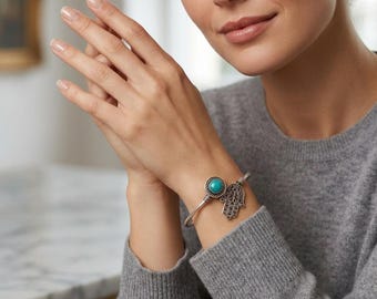 Hamsa Bracelet Bangle, Turquoise Gemstone Bangle, Hamsa Jewelry, Turquoise Jewelry, Cuff Bracelet, Hippie Jewelry, Protection Amulet Bangle