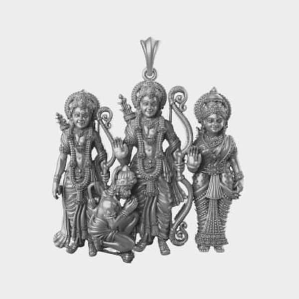 Rama Darbar Anhänger, 925 Sterling Silber handgefertigt göttlicher Hindu-Gott Rama Laxman Seeta Hanuman Segen Statue Anhänger, Ayodhya König Anhänger