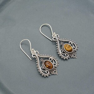 Tiger Eye Gemstone Brass Earrings: Boho Tribal Style