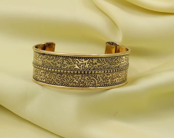 Handcrafted Vintage Style Floral Brass Cuff Bracelet | Wide Etched Boho Bangle | Adjustable Statement Jewelry for Women | Gift for Her