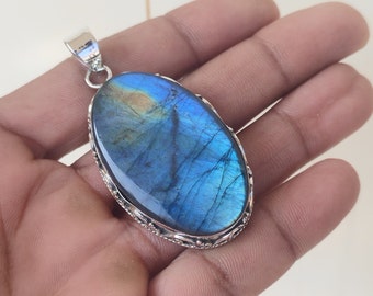 Collana Artigianale In Argento 925 Con Pietra Labradorite Blu Fuoco – 18 Pollici – Fatto A Mano In India
